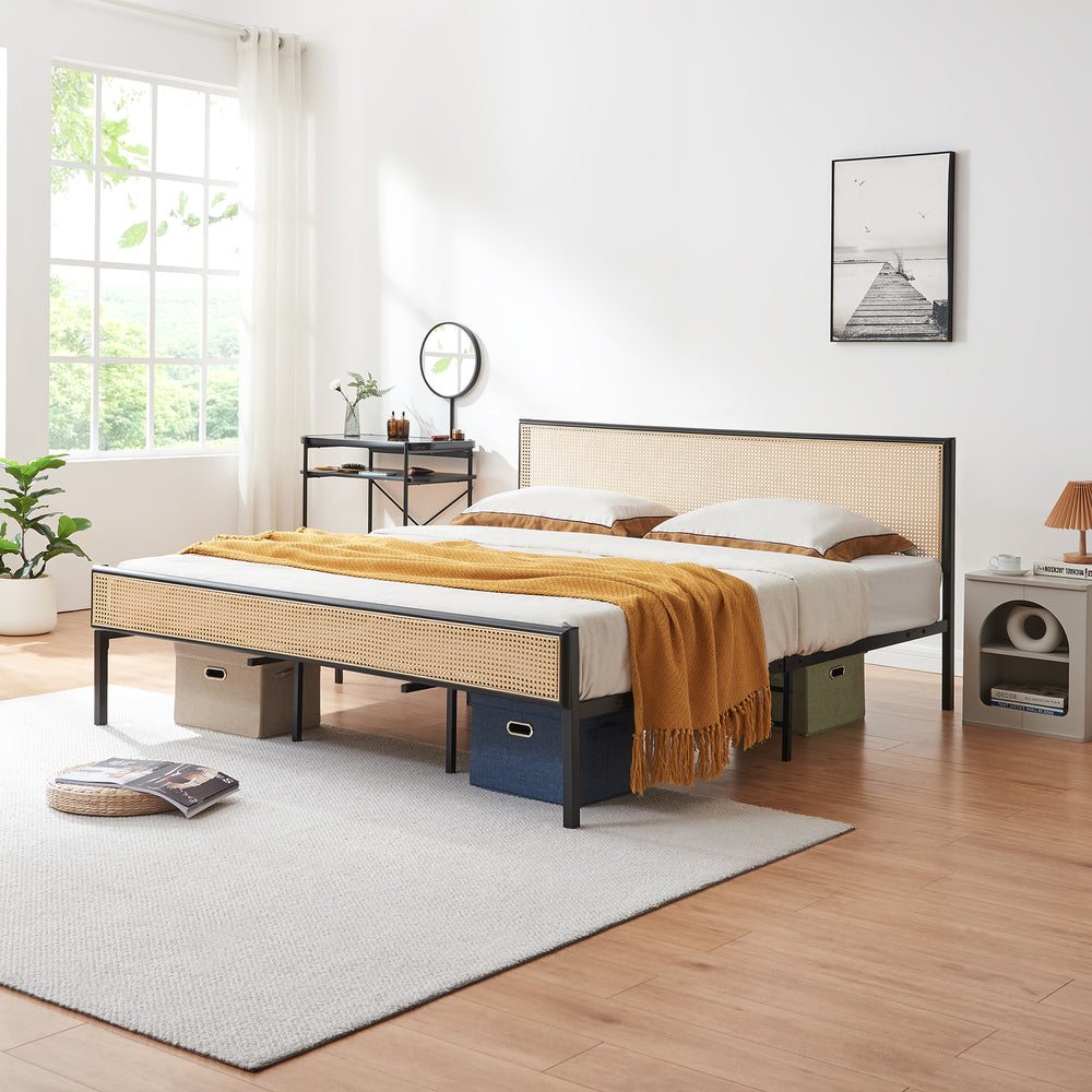 Cama metálica Linköping cabecero rectangular Negro / Efecto ratán [en.casa]
