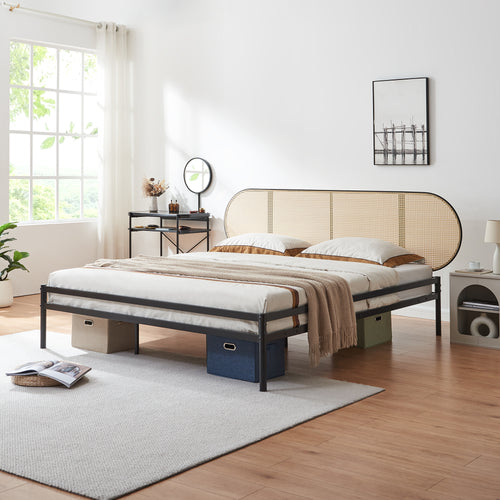 Cama metálica Linköping cabecero ovalado Negro / Efecto ratán [en.casa]