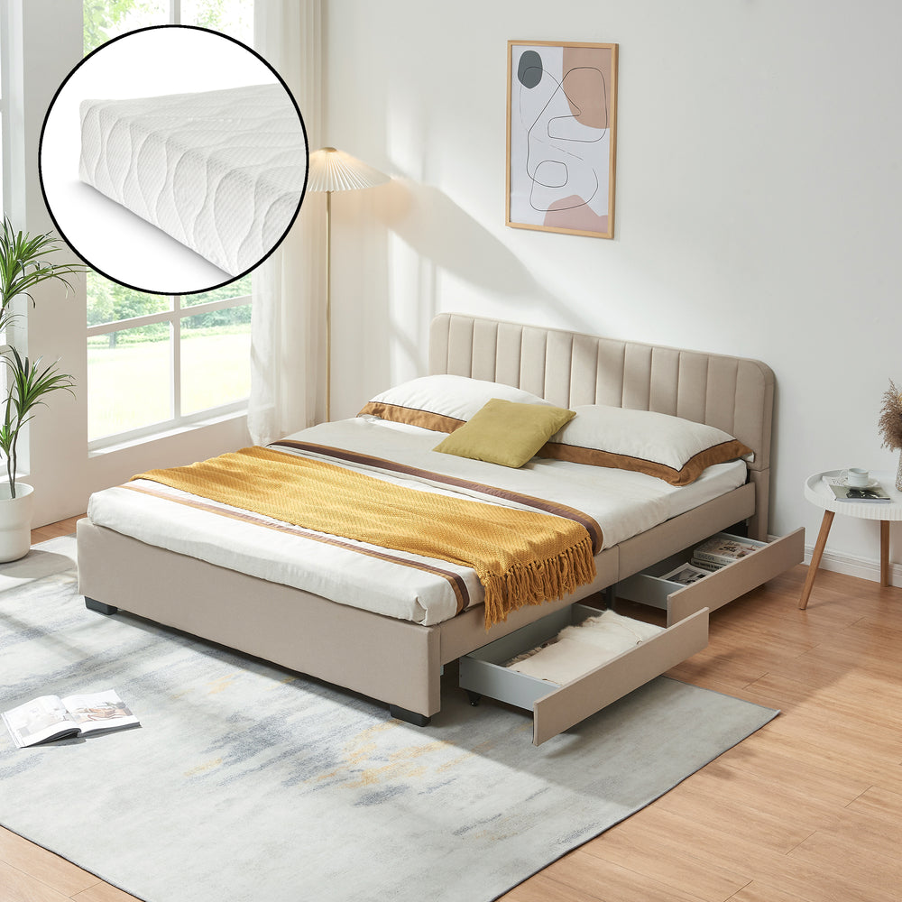 Nofrenna polstret seng med linnedmadras [en.casa]
