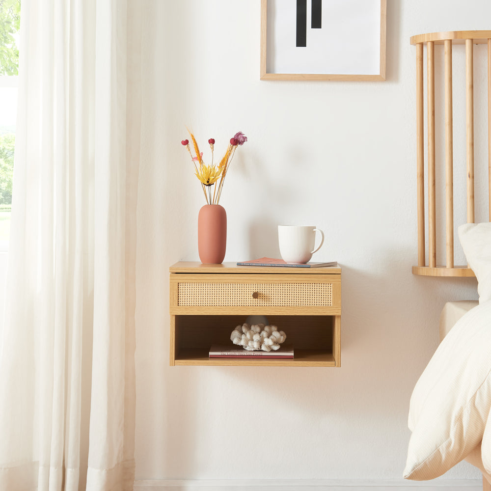 Væghylde Eiker med skuffe 40x32x23 cm rattan-look [en.casa]