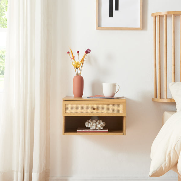 Væghylde Eiker med skuffe 40x32x23 cm rattan-look [en.casa]