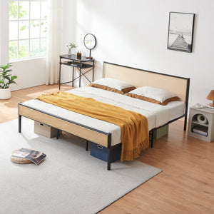 Cama metálica Linköping cabecero rectangular Negro / Efecto ratán [en.casa]