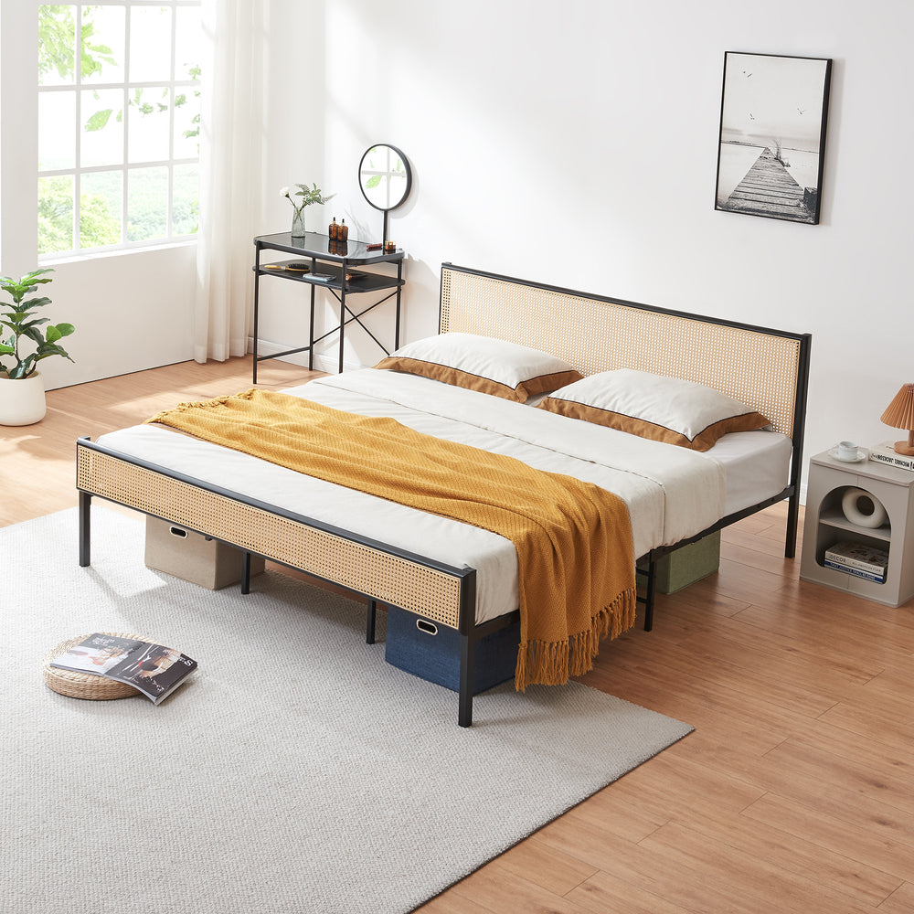 Cama metálica Linköping cabecero rectangular + colchón Negro / Efecto ratán [en.casa]