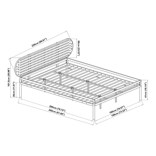 Cama metálica Linköping cabecero ovalado Negro / Efecto ratán [en.casa]