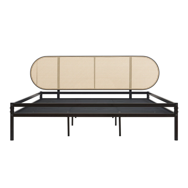 Cama metálica Linköping cabecero ovalado Negro / Efecto ratán [en.casa]