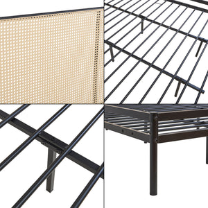 Cama metálica Linköping cabecero ovalado Negro / Efecto ratán [en.casa]