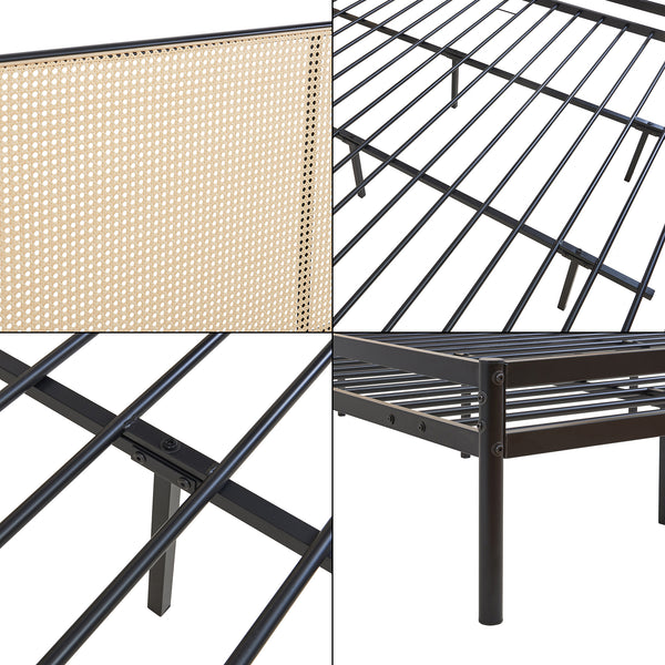 Cama metálica Linköping cabecero ovalado Negro / Efecto ratán [en.casa]