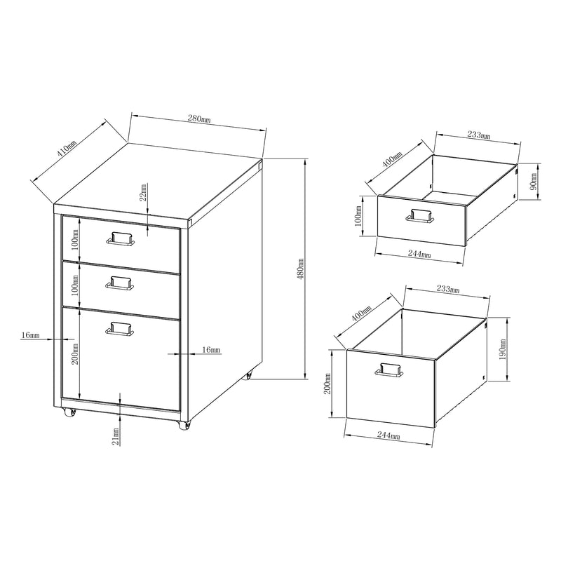 Målskitse Kökar mobil piedestal med 3 skuffer 48x28x41 cm [en.casa].