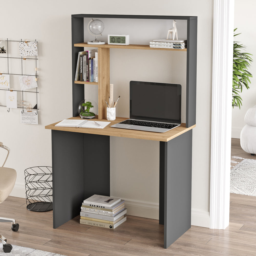Skrivebord Tópisa med reol 149x90x52 cm [en.casa]