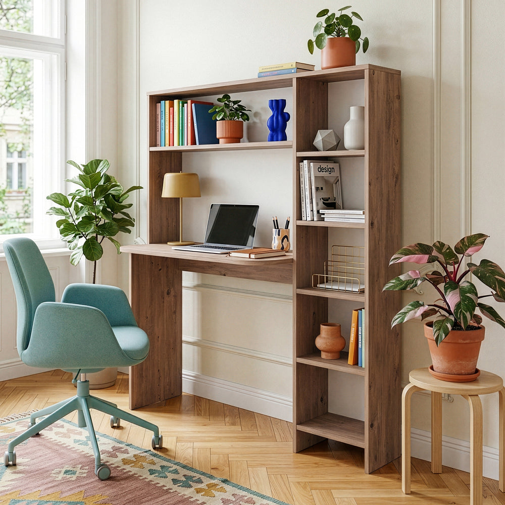Skrivebord med hylde Onega 143x114x40 cm træfarvet [en.casa]