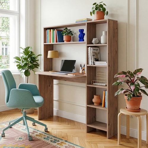 Skrivebord med hylde Onega 143x114x40 cm træfarvet [en.casa]