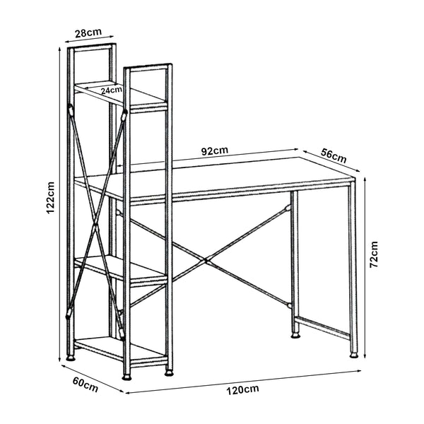 [en.casa]® Skrivebord Stavanger med 4 hylder - 122x120x64cm - stål - melaminbelagt spånplade