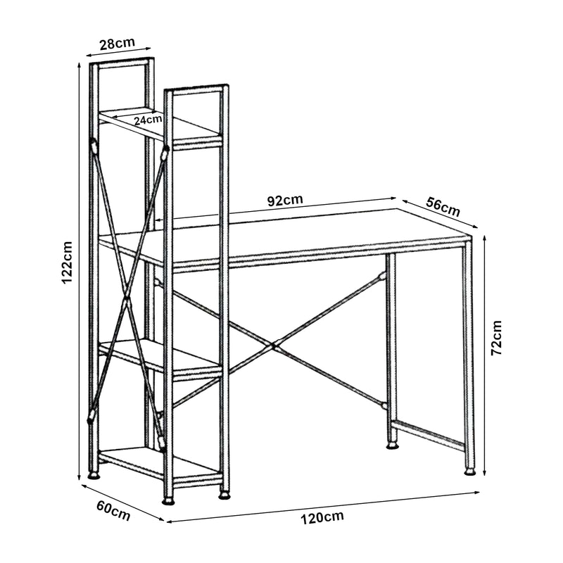 Målskitse [en.casa]® Skrivebord Stavanger med 4 hylder - 122x120x64cm - stål - melaminbelagt spånplade