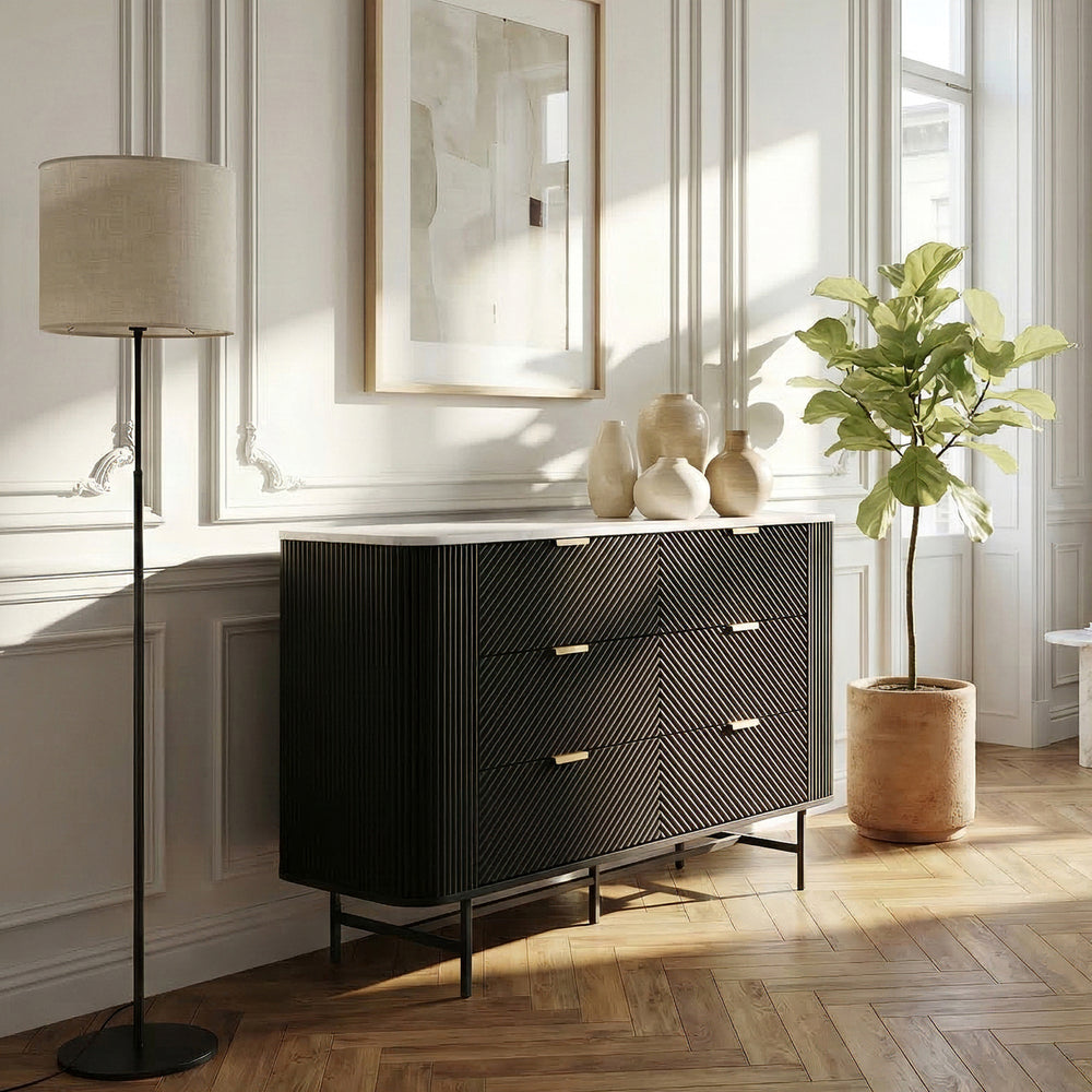 Kommode Olvehok 120x40x81 cm Sort/Marmorlook, hvid [en.casa]