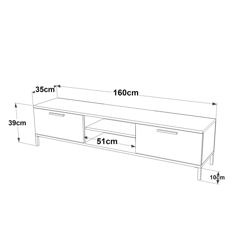 Målskitse Tv-bord Lempäälä med 2 opbevaringsrum 160 x 35 x 39 cm i forskellige farver [en.casa]