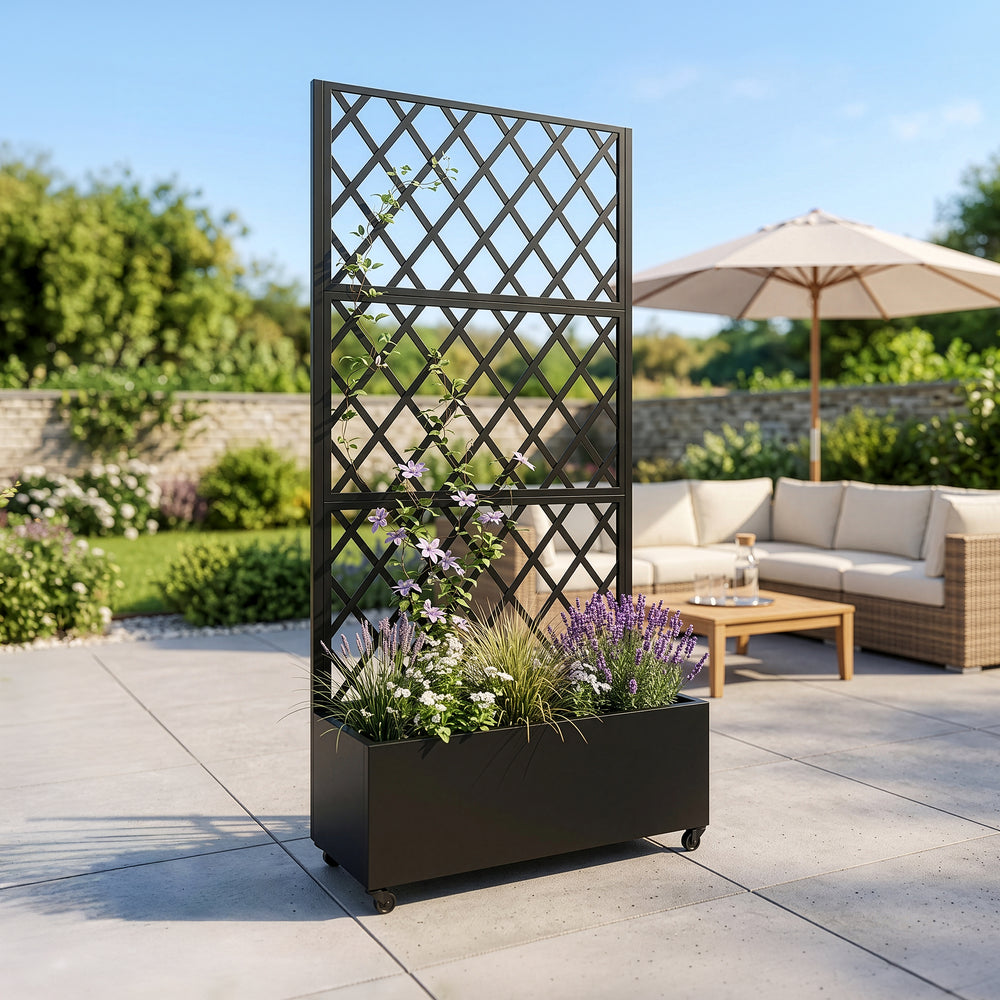Skillevæg Malja med blomsterkasse i stål 190x82x38 cm sort [casa.pro].