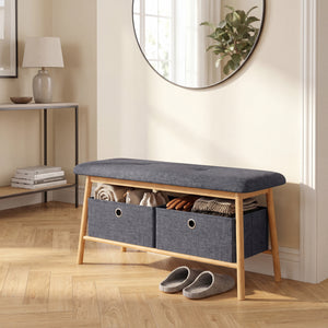 Vad bænk med 2 opbevaringsbokse 90x30x45 cm natur/grå [en.casa]