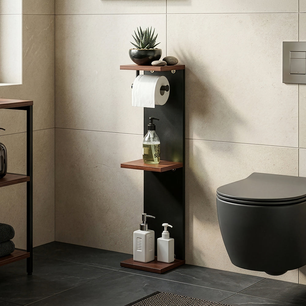 Toiletpapirholder Trond 76x18x18 cm Sort/Valnøddeudseende [en.casa]