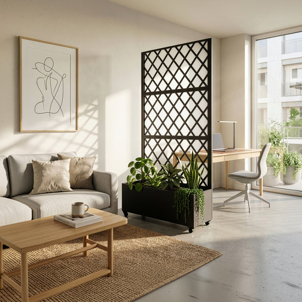 Skillevæg Malja med blomsterkasse i stål 190x82x38 cm sort [casa.pro].