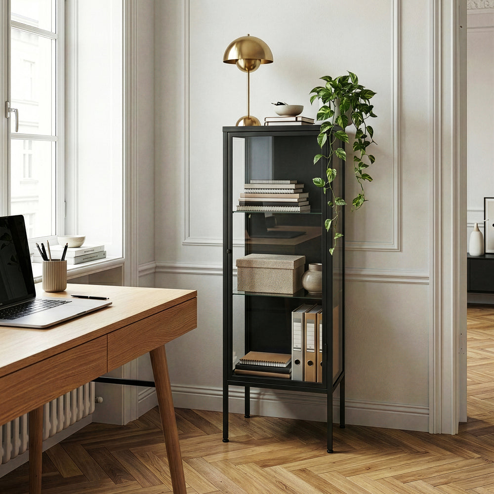 Borshavisa vitrineskab 116x34x30 cm stål sort [en.casa]