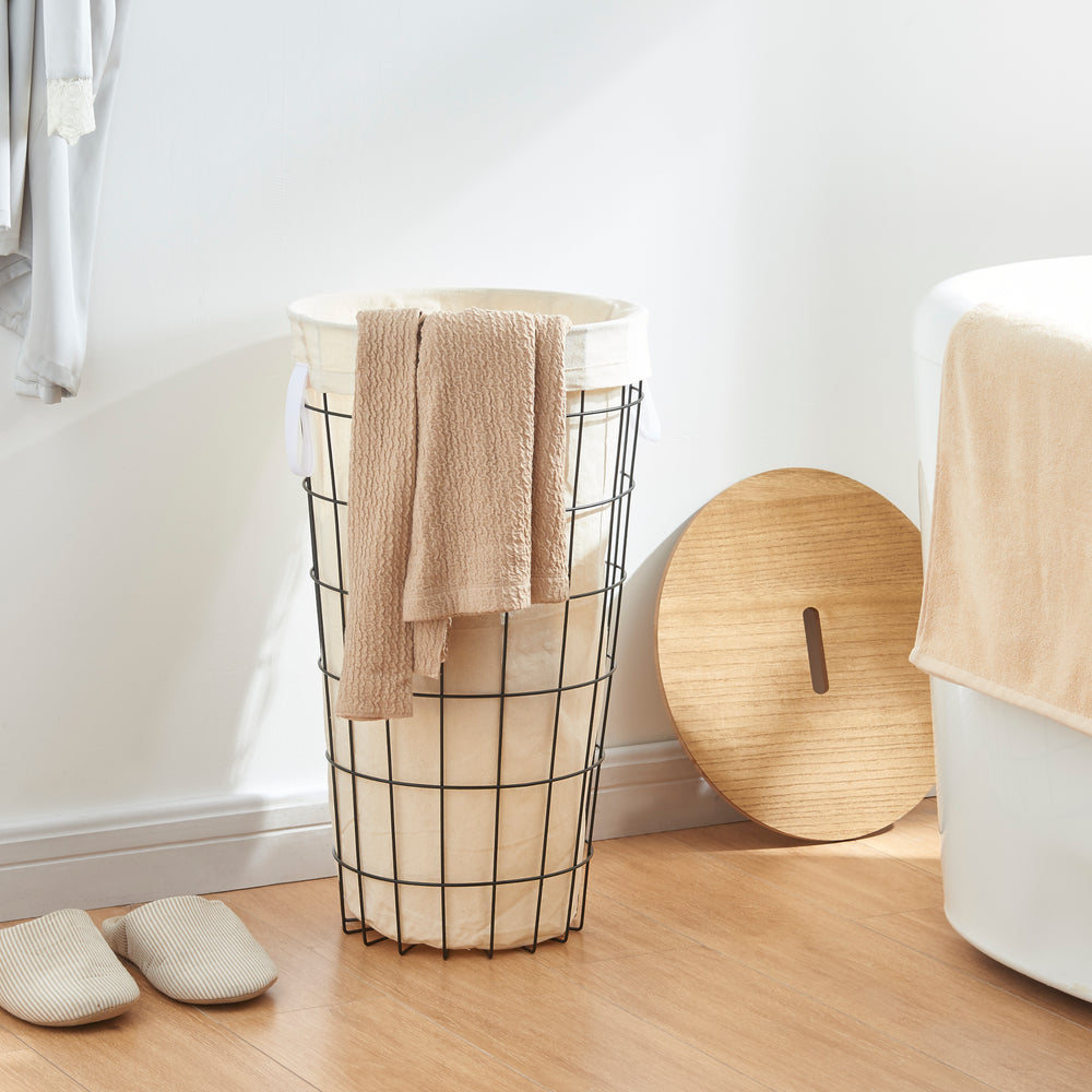 Vasketøjskurv Skive med vasketøjspose 40 L metal sort [en.casa] - premiumXL