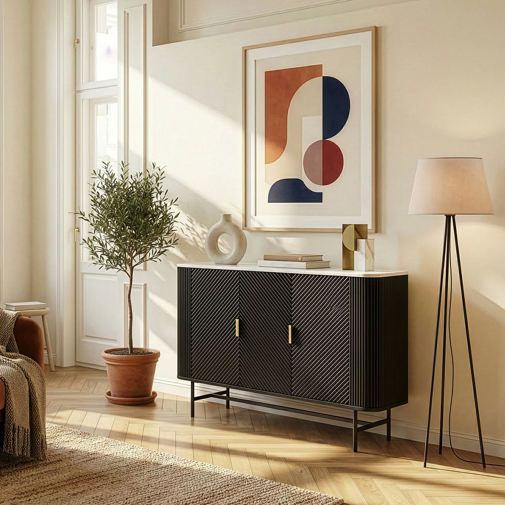 Sideboard Olvehok 110x40x77 cm Sort/Marmorlook, hvid [en.casa]