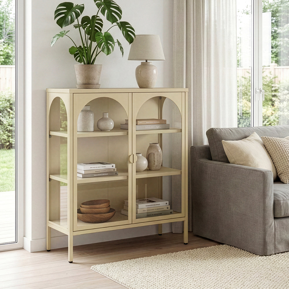 Vitrineskab Klippestad Stål 95x80x35 cm Kamel Farve [en.casa]