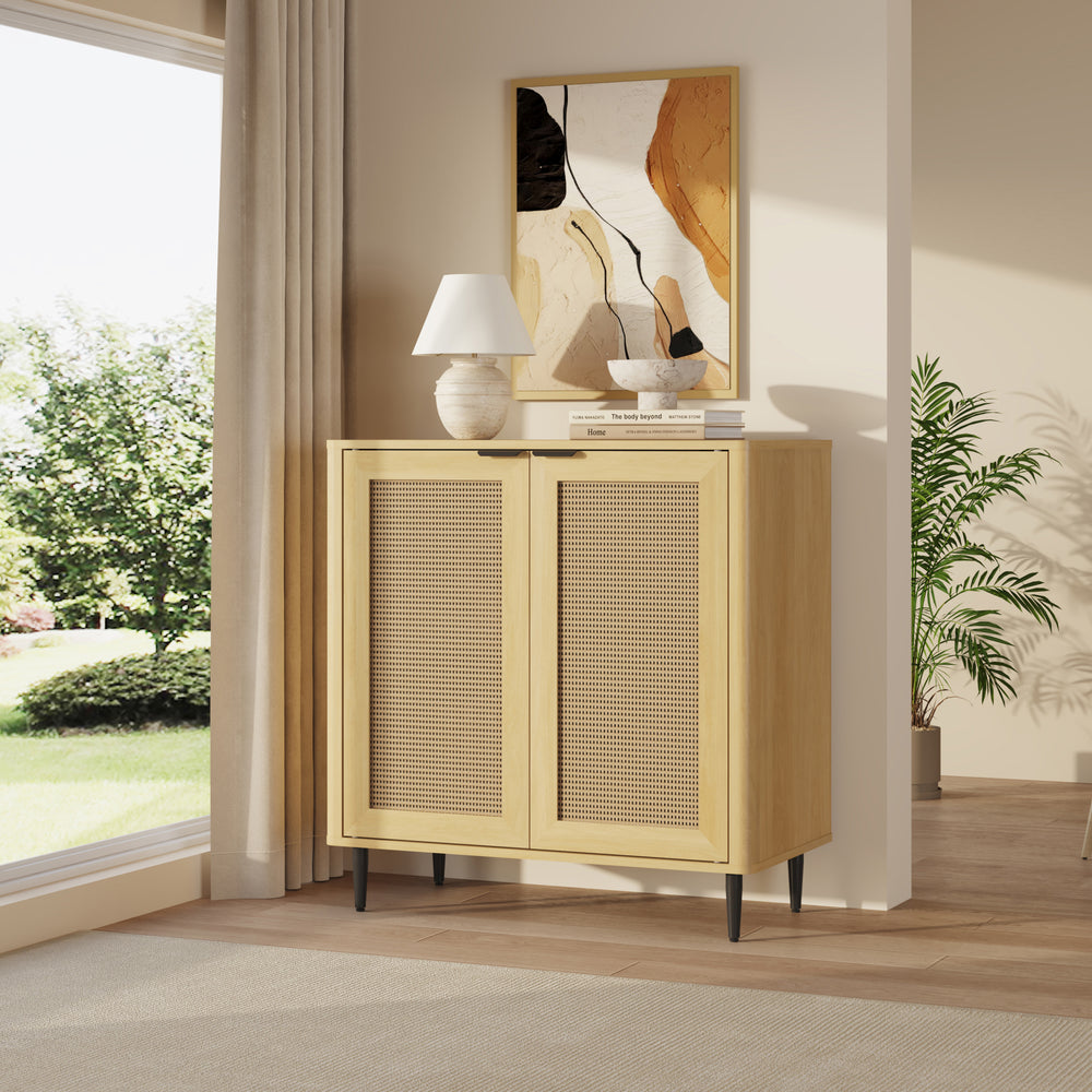 Skænk Lukhomso 83x80x40 cm egetræslook/rattan-look [en.casa]