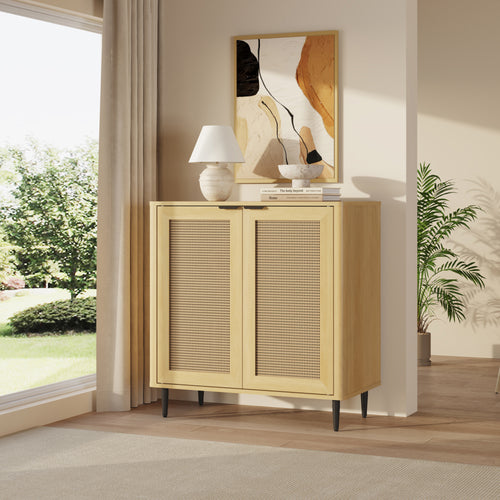 Skænk Lukhomso 83x80x40 cm egetræslook/rattan-look [en.casa]