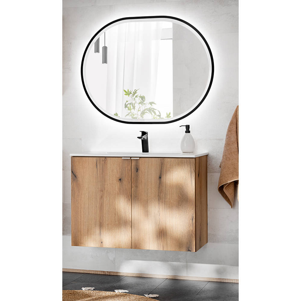 Newport 80x57x39 cm håndvask med LED-spejl i egetræslook [en.casa]
